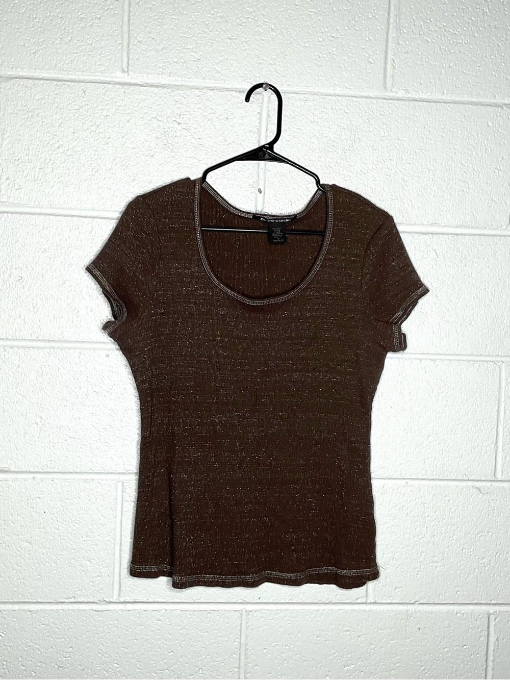< Y2K Pierre Cardin Brown Metallic Sparkle Scoop Neck Short Sleeve Top >